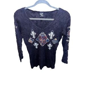 Sledge USA Goth Art Black Distressed V-Neck Long Sleeve Top Women's M